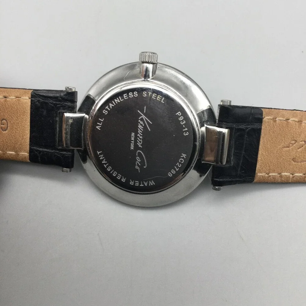 Kenneth Cole KC2279 Mens Watch 34mm Silver Tone Black Leather Date New Battery